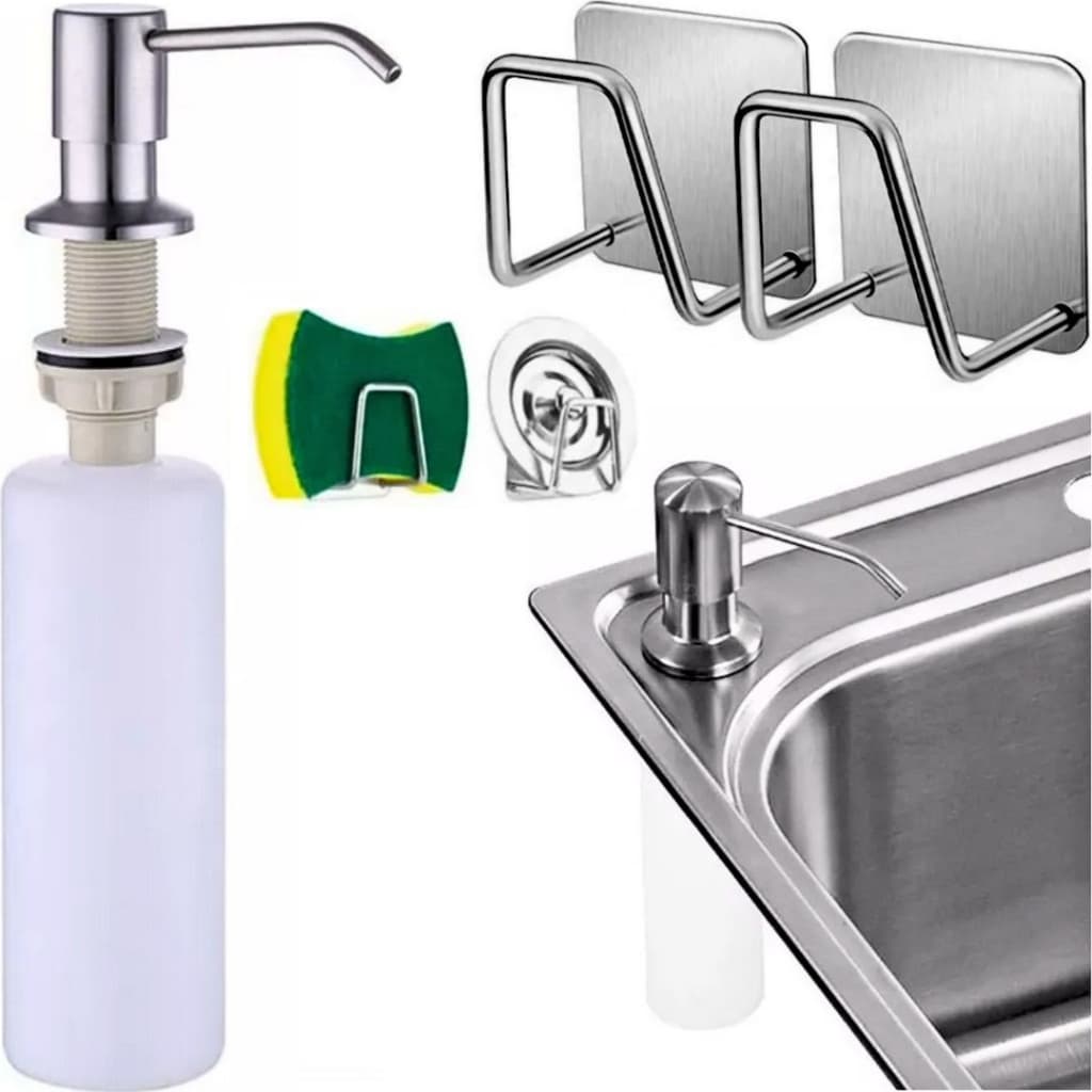 Dispenser Detergente Dosador Sabonete Embutir Inox Pia Suporte Adesivo Aço Esponja Bucha