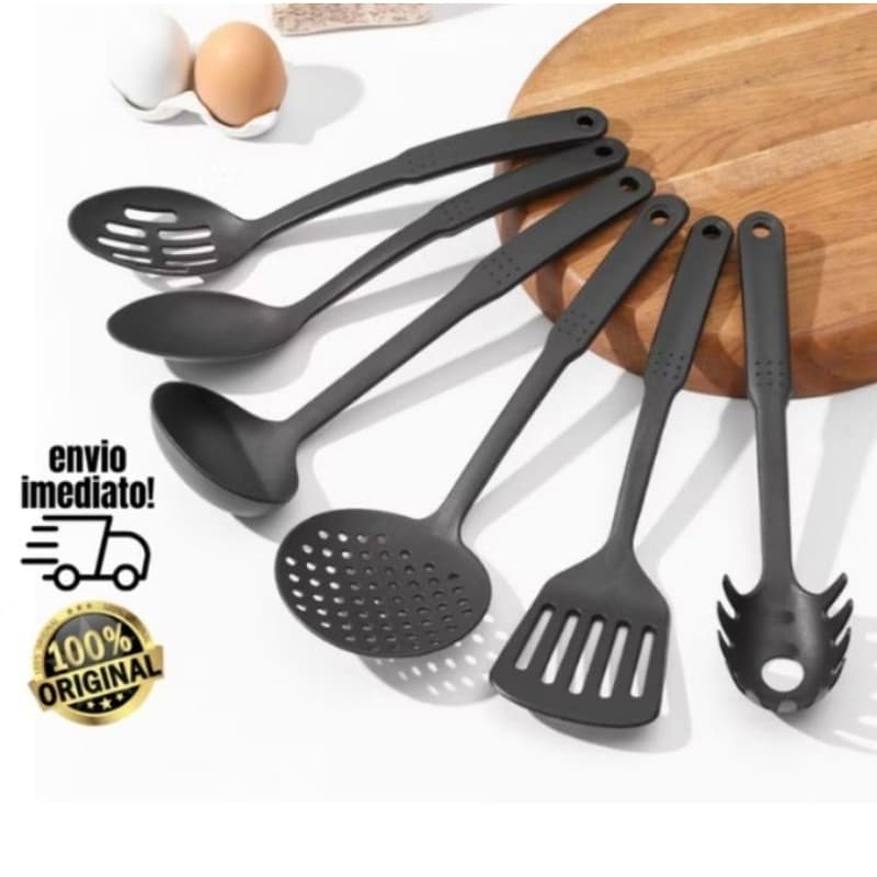 Conjunto Talher Colher Utensílios Preto Resistente Plástico Para Cozinha Kit Jogo Com 6 Unidades