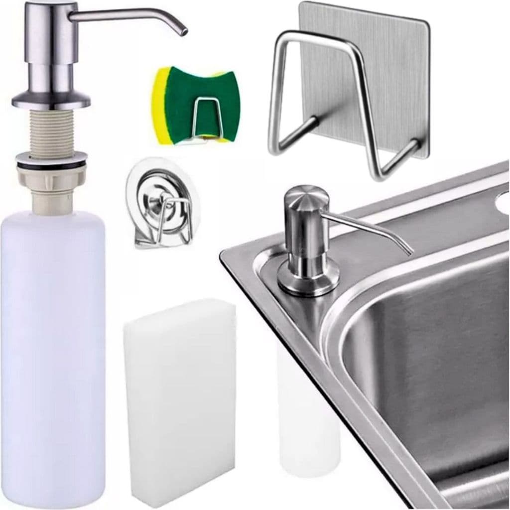 Dispenser Embutir Inox Dosador Detergente Sabonete + Suporte Inox Pia Esponja Mágica
