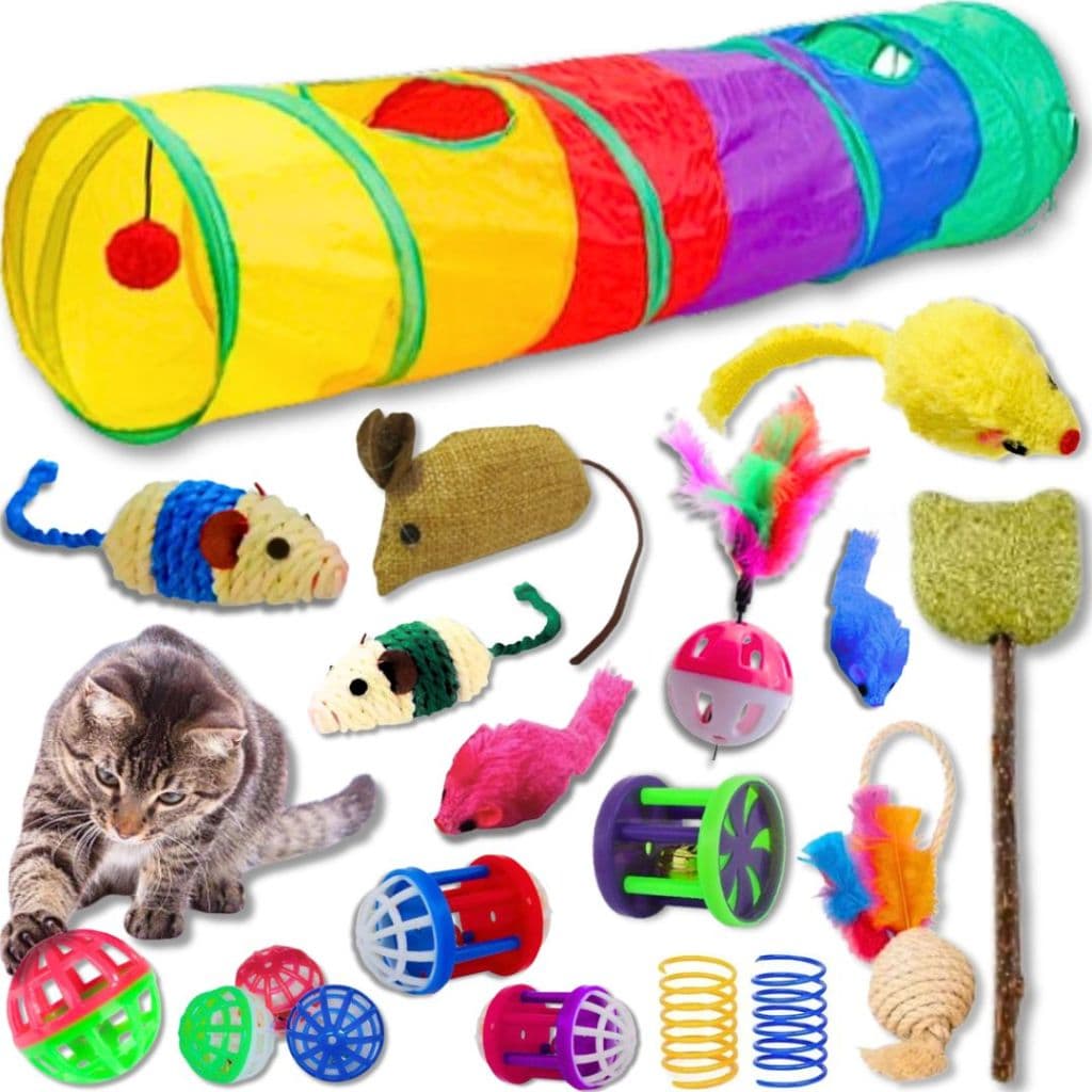 Kit Brinquedo Túnel para Gatos Grande 120cm + 10 Acessórios Brinquedos Interativo