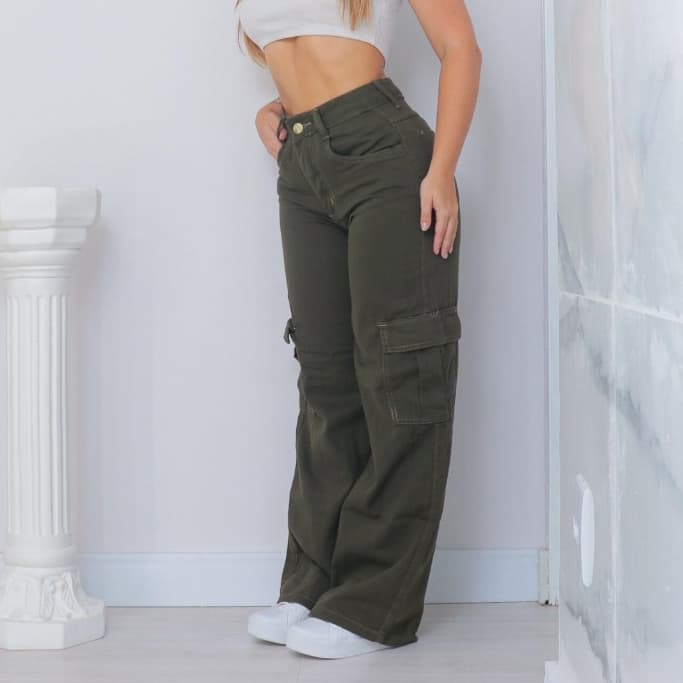 Calça Cargo Jeans Verde Militar Feminina Wide Leg Moda Casual Blogueirinha