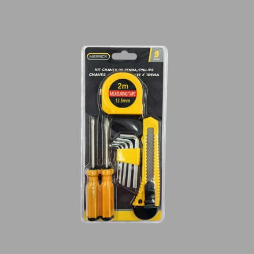 kit com 9 peças Merrick, Chaves de fenda,philips,chaves allen,Estilete e Trena