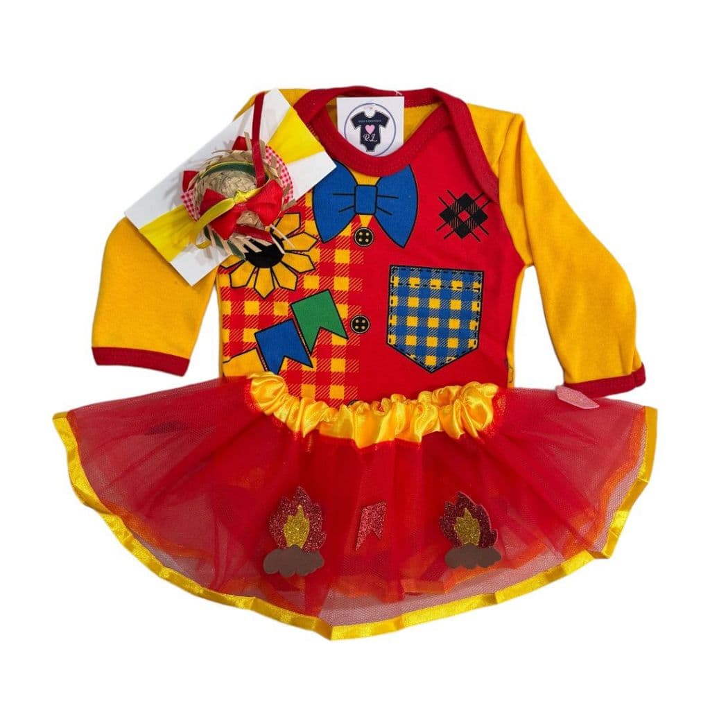 Body Bebe Manga Longa Festa Junina + Laço + Tutu - Temático