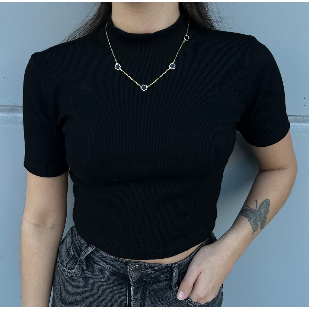 Blusa Feminina Canelada Gola Alta Manga Curta Tecido Ribana Básica Dia a Dia CORES SORTIDAS