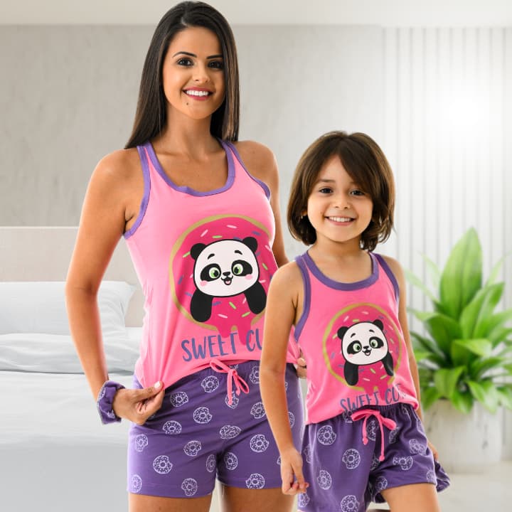 Kit 2 Pijamas Baby Doll Mãe e Filha Conjunto Confort Master Regata Estampado Panda Fofinho POP