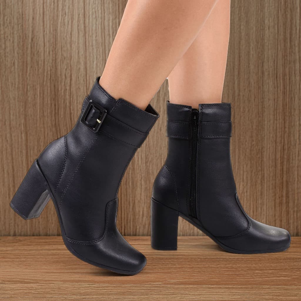 Bota Feminina Preto Napa Cano Médio Com Fivela E Zíper Bico Quadrado Conforto E Antiderrapante