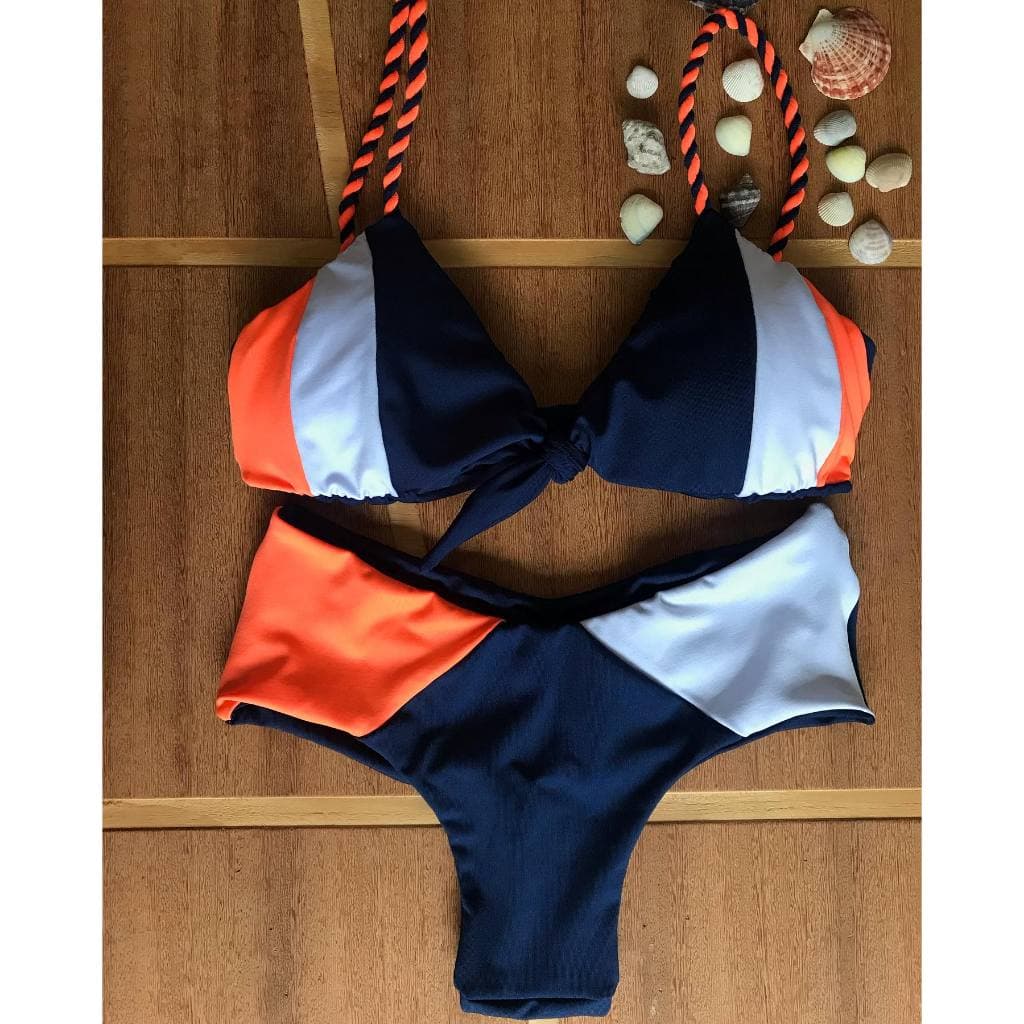 Biquini dupla face - sutiã nó e calcinha empina bumbum - azul marinho, laranja e branco, com bojo