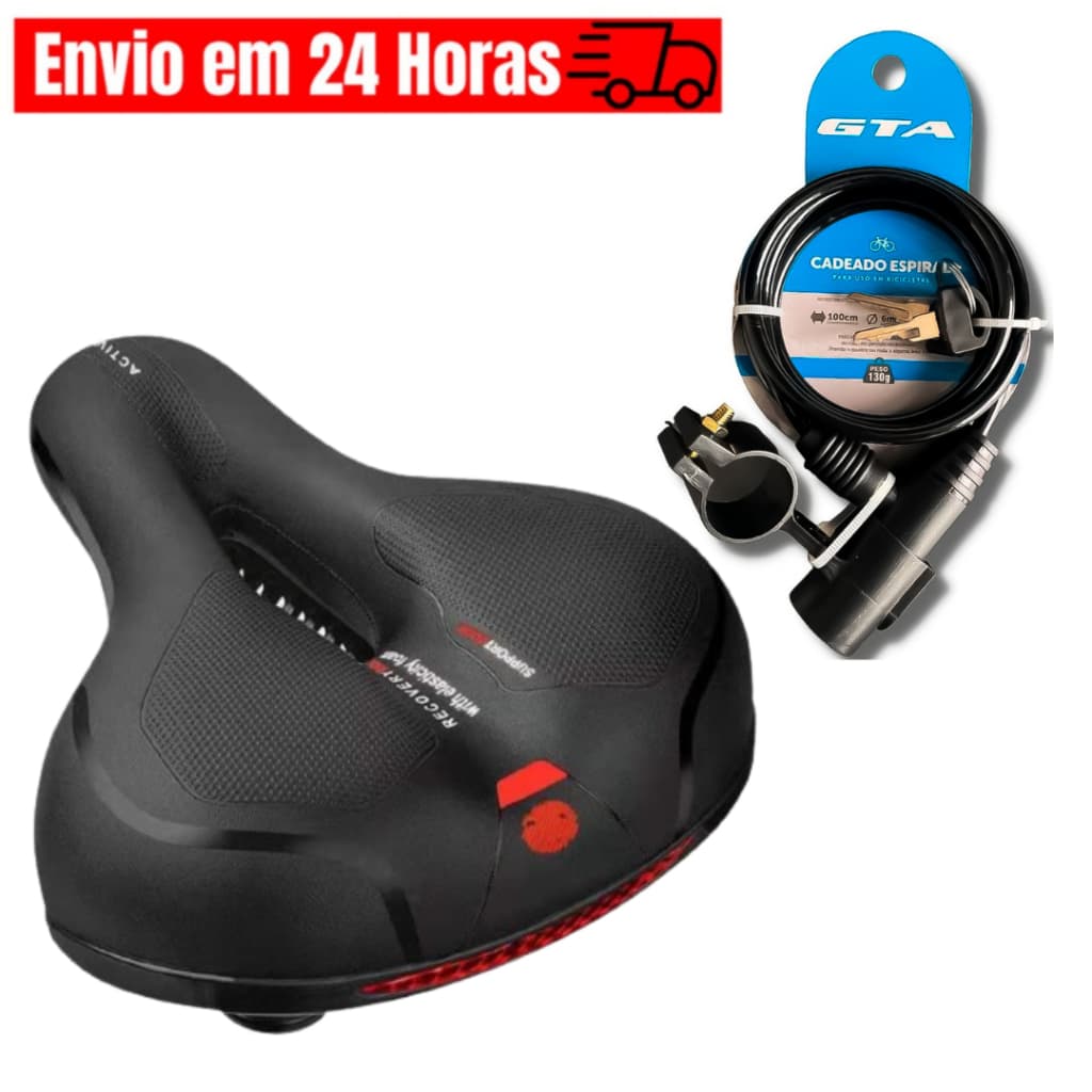 Banco Selim 2 Molas Vazado Confortável Largo Refletor Cadeado Anti Furto Bicicleta 1m x 6mm C/ Suporte 2 Chaves Tranca