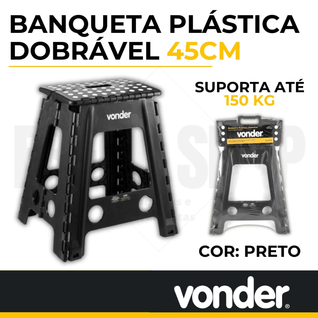 Banqueta Banquinho de Plástico ABS Dobrável 45cm Anti Derrapante Resistente até 150kg Preta Vonder