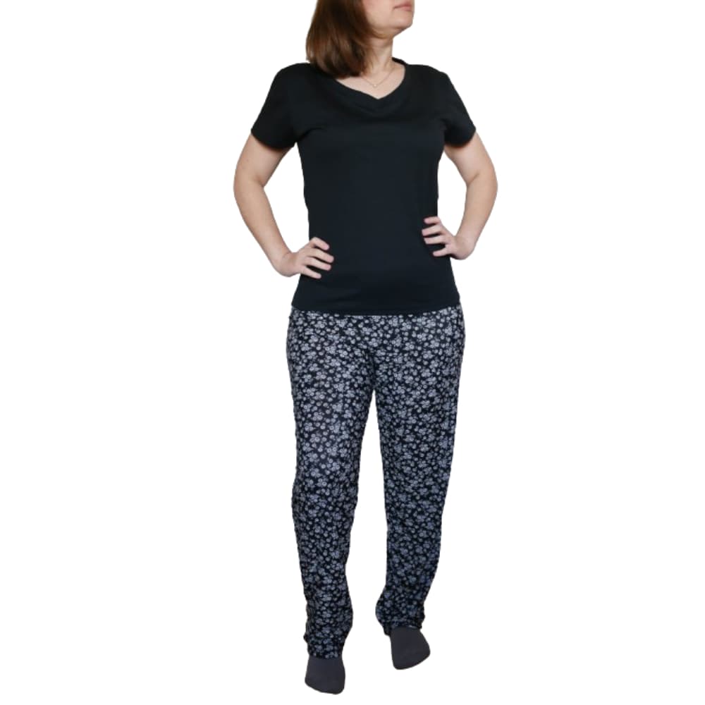 Pijama Feminino Longo Manga Curta  Meia Estação Blusa em Malha Ribana e calça em Malha fria liganete