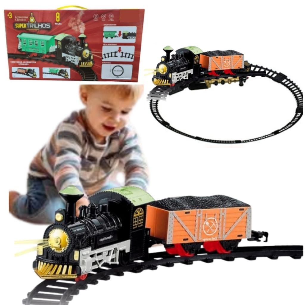 FERRORAMA TRENZINHO COM Pista TREM EXPRESSO LOCOMOTIVA + VAGÕES + TRILHOS LUZ E SOM SUPER FERROVIA