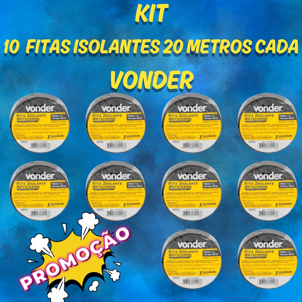 Kit 10 Fitas Isolante Anti Chama Vonder Preta - 20 Metros cada Fita Vonder Original + Nota Fiscal