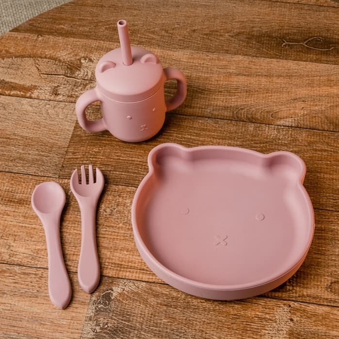 Kit Prato Infantil De Silicone Urso Com Ventosa Talheres e Copo 4 peças Bloo Baby