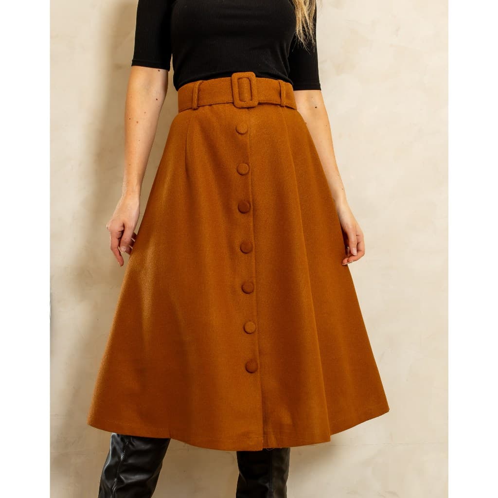 Saia Midi Feminina em Lã Batida com Cinto e Botões Elegante Casual Moda Outono Inverno