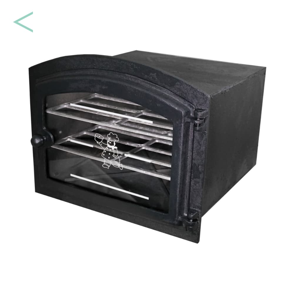 Forno para fogão a lenha grande com frente de vidro de ferro fundido e fundo de chapa galvanizada