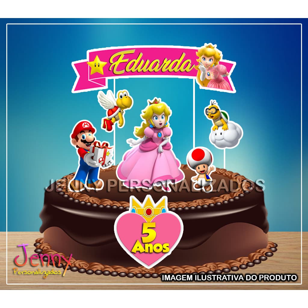 Topo Topper de Bolo Princesa Peach Mario Personalizado 2