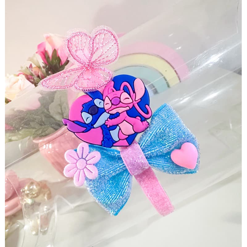 Tiara Stitch e Angel Glitter Luxo Flores Infantil Borboleta Arco Stitch Lilo Stitch