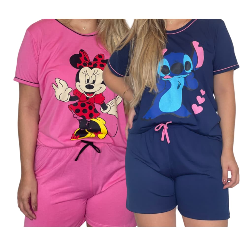 Pijama Feminino Manga Curta e Short Baby doll Stitch