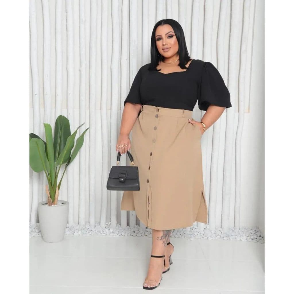 Saia Plus Size Alfaiataria Botão Com Fenda Feminino Moldal 348