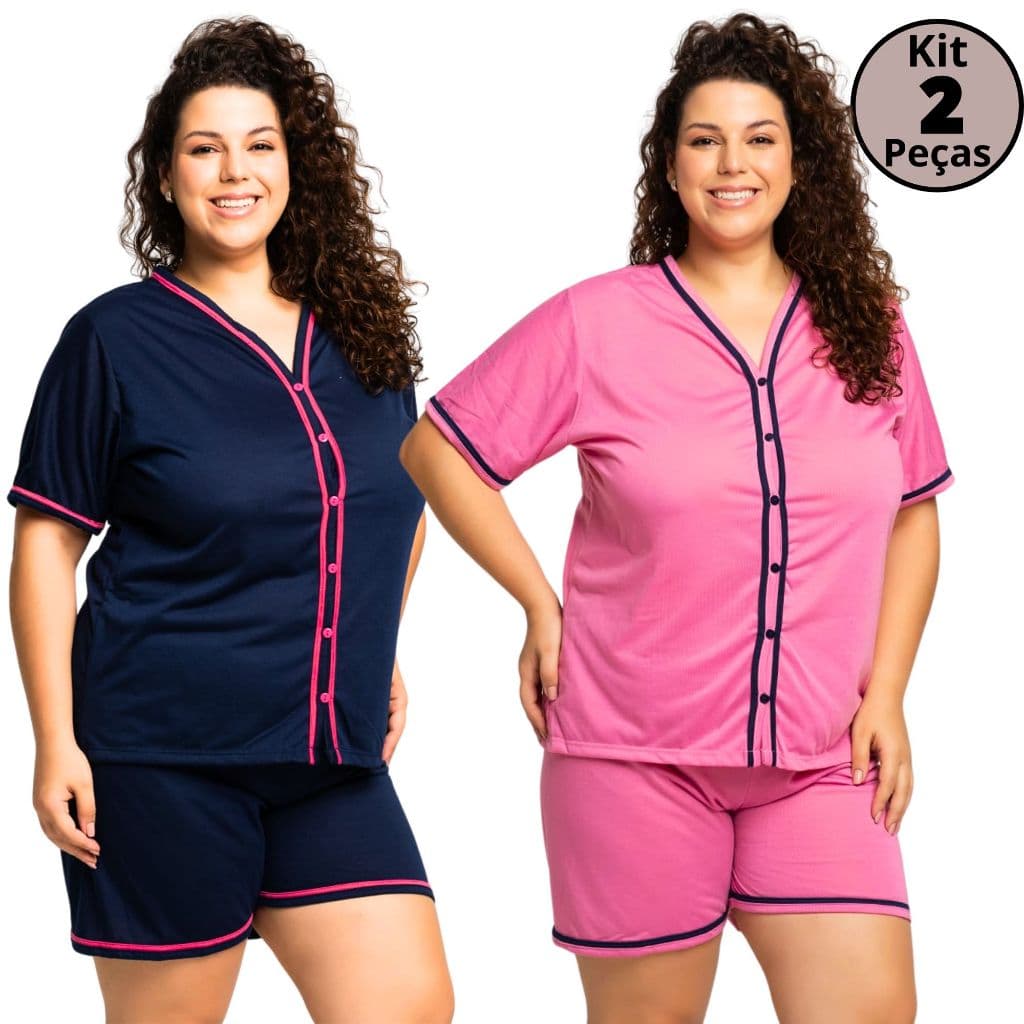 Kit 2 Baby Doll Plus Size Pijama Feminino em Malha com Botões Amamentação Cirurgico