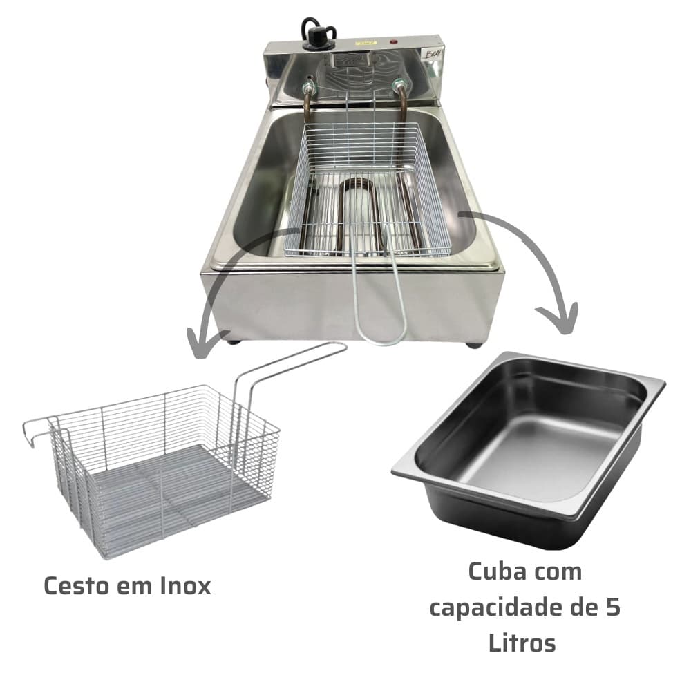 Fritadeira Elétrica Profissional 1 Cuba 5 Litros Inox C/inox