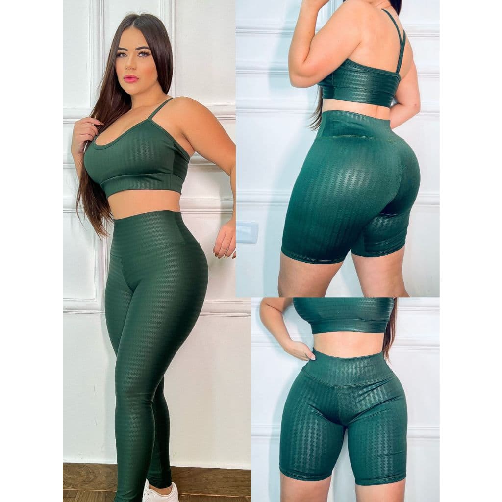 Kit Shortinho Mais Calca Leg Mais Top Com Bojo Moda feminina Para Academia 3D Cirre Brilhosa