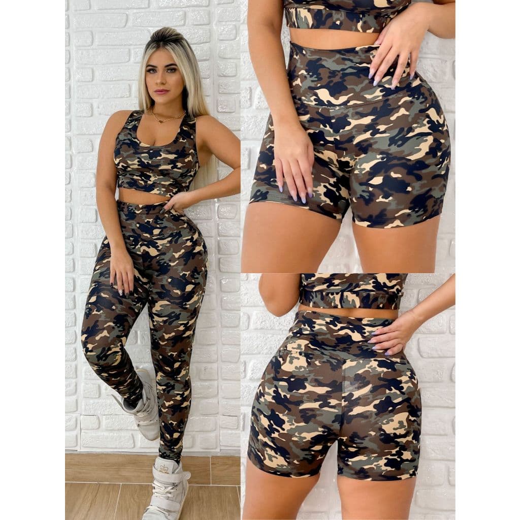 KIt Com 3 Pecas Calca Leg Legging Com Short Mais Top Camuflado Militar Pintado Oncinha Exercito Roupa De Academia Fitnes