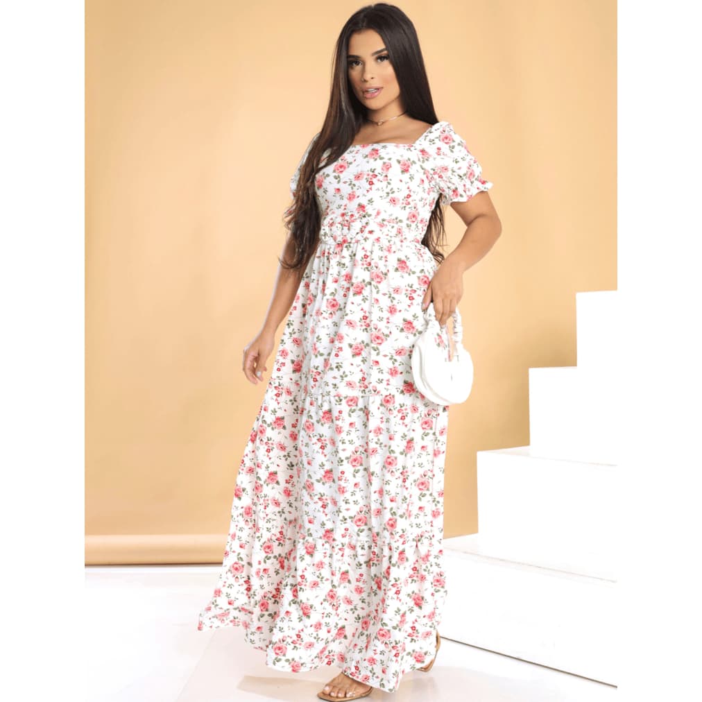 VESTIDO LONGO FEMININO FLORAL TRICOLINE ELEGANTE COM CINTO E ELÁSTEX NAS COSTAS FORRADO PREMIUM