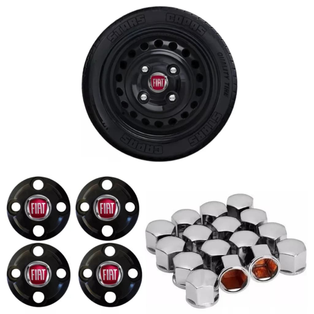 Kit Calotinha Central + 16 Capas Parafuso Cromada Fiat Aro 13 14 15 4 Furos