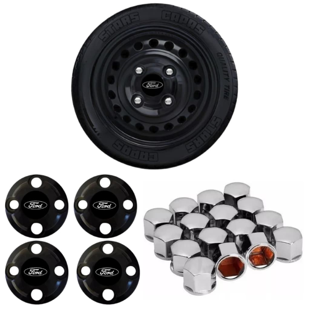 Kit Calotinha Central Ford + Capa Parafuso Cromada Aro 13 14 15 4 Furos