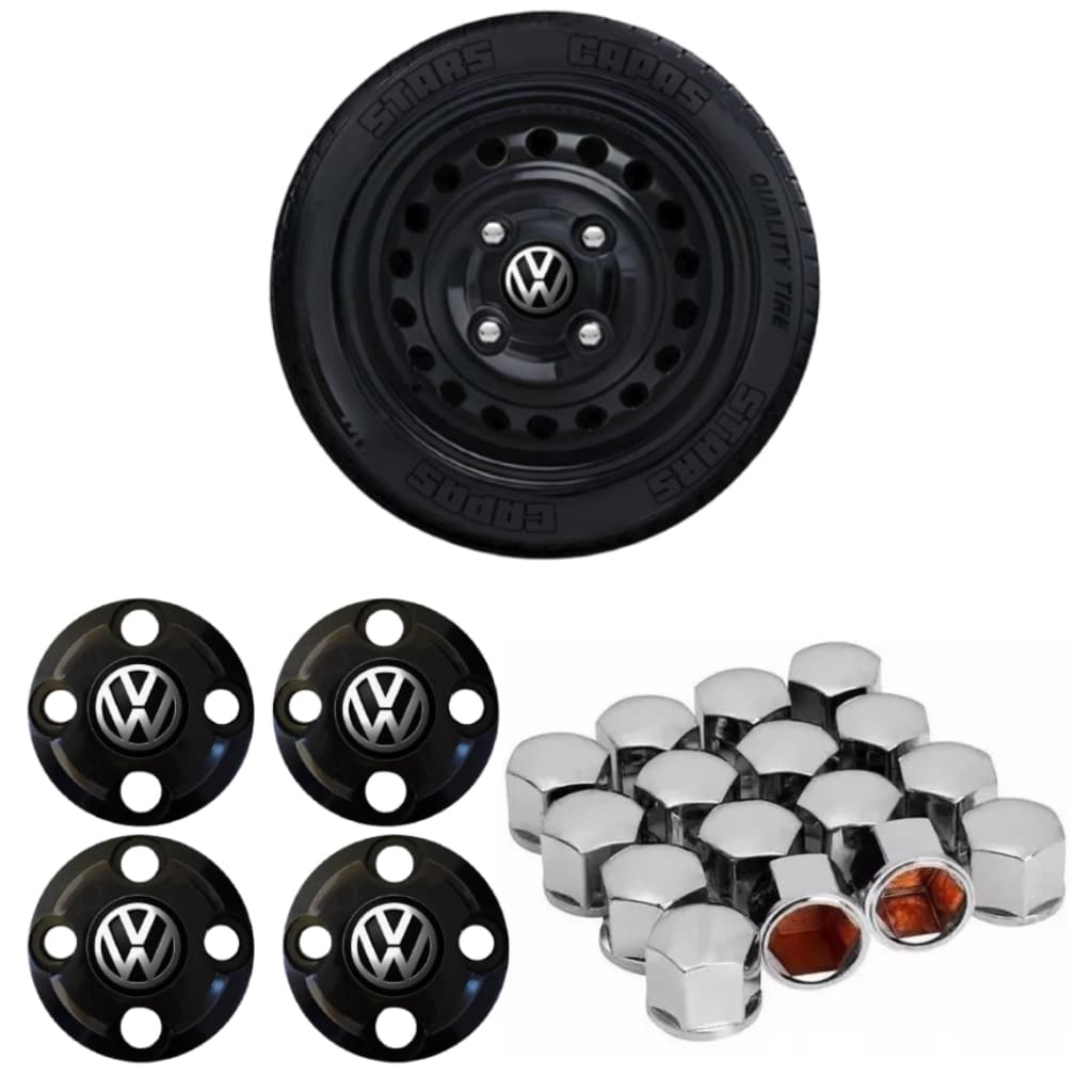 Kit Calotinha Central + 16 Capas Parafuso Cromada Volkswagen Aro 13 14 15 4 Furos