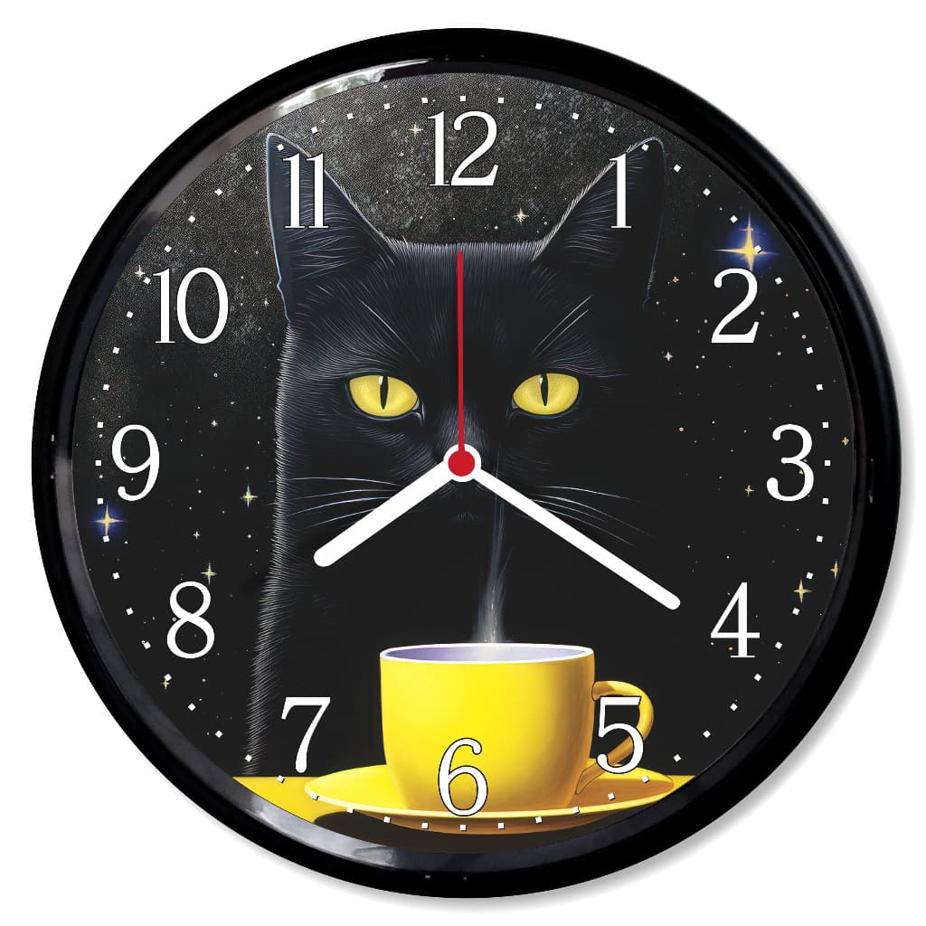 Relogio Parede Gato Preto Decorativo Cozinha Sala Quarto Petshop Xicara de Cafe