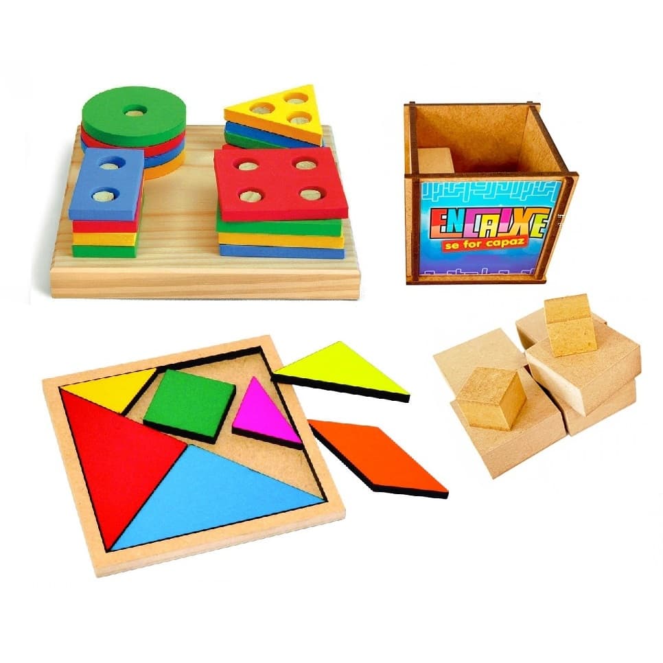 Kit 3x Brinquedos Forma Geométricas + Encaixe Se For Capaz + Tangram Brinquedos Educativos Pedagógicos Woodtoy