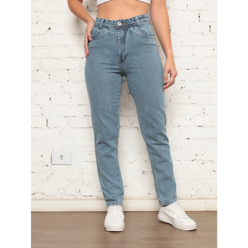 Calça Jeans Feminina Mom sem Lycra Marmorizada Cintura Alta Levanta Bumbum Grafite Preta Confortável
