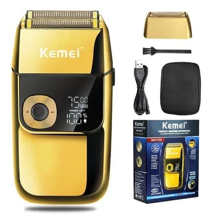 Barbeador Elétrico Kemei KM-2028 Com USB Recarregável Display LCD Metálico Acabamento Lâmina Profissional