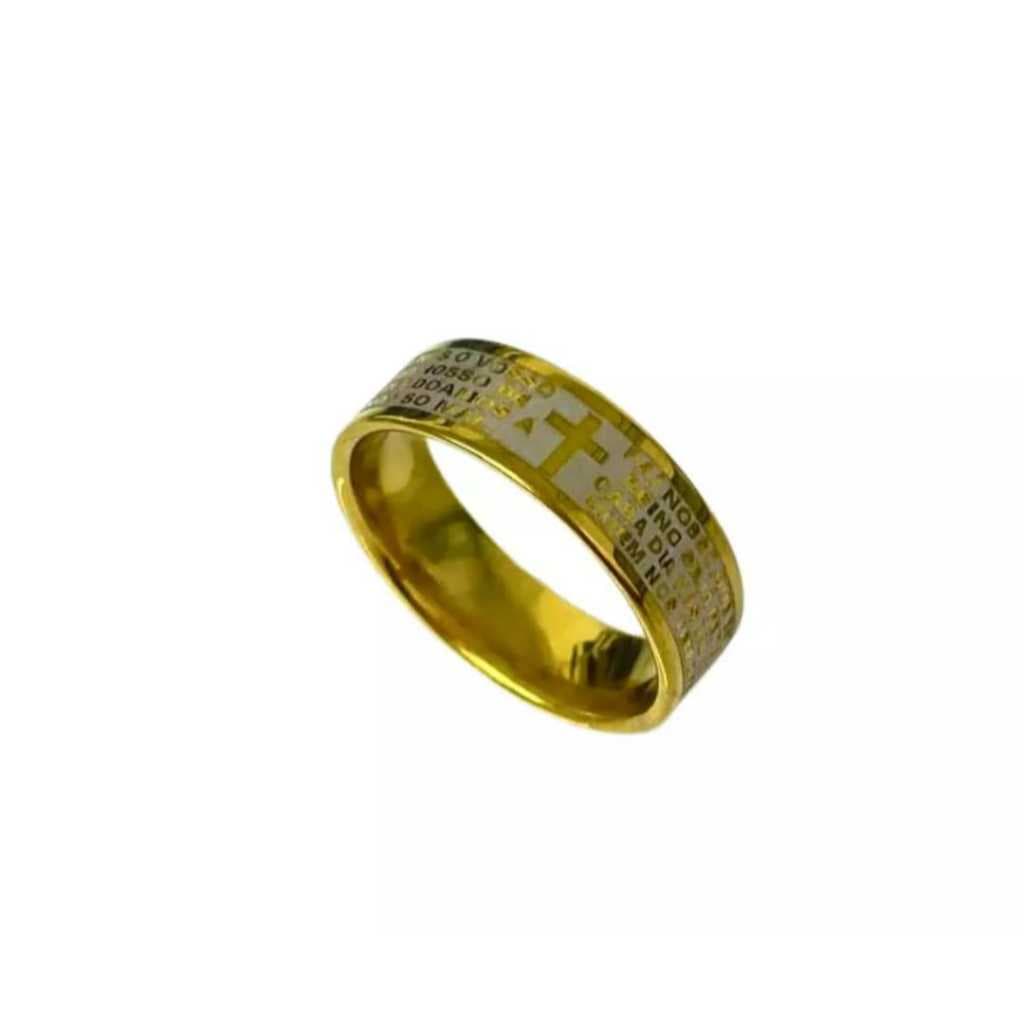 Anel Aço Inox Dourado Cruz Com Oração