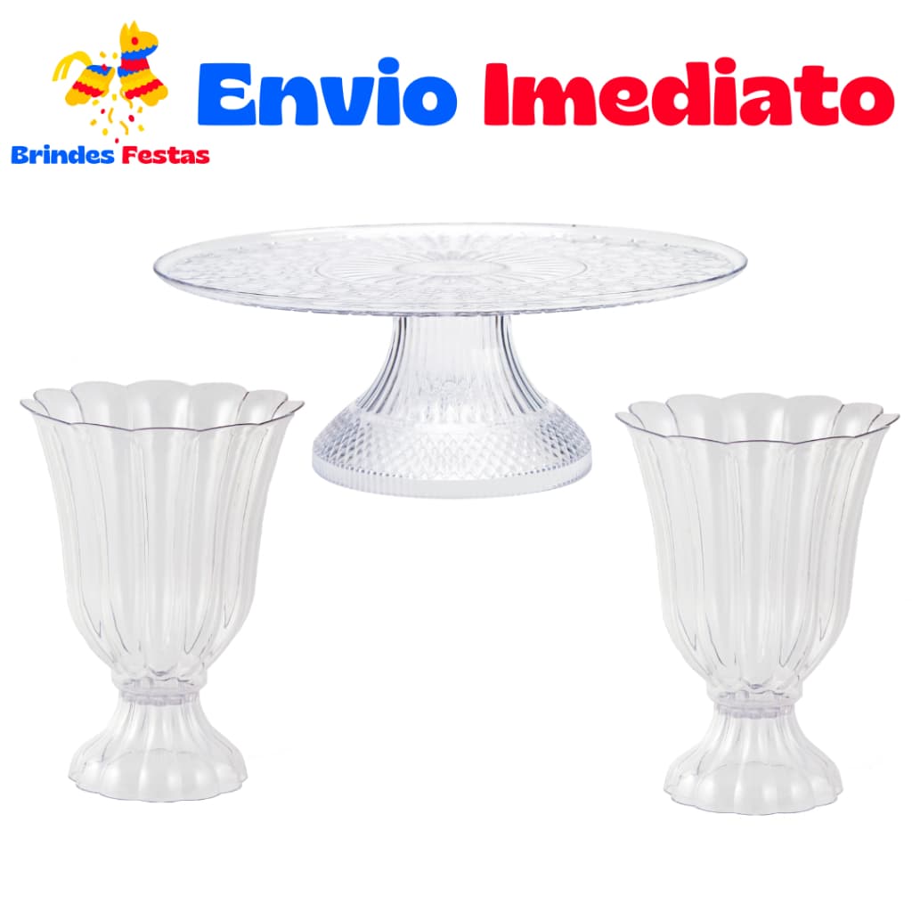 Kit Lapidado- 1 Boleira Lapidada 25cm-2 Vaso Slim- Decoração-Festa Novo