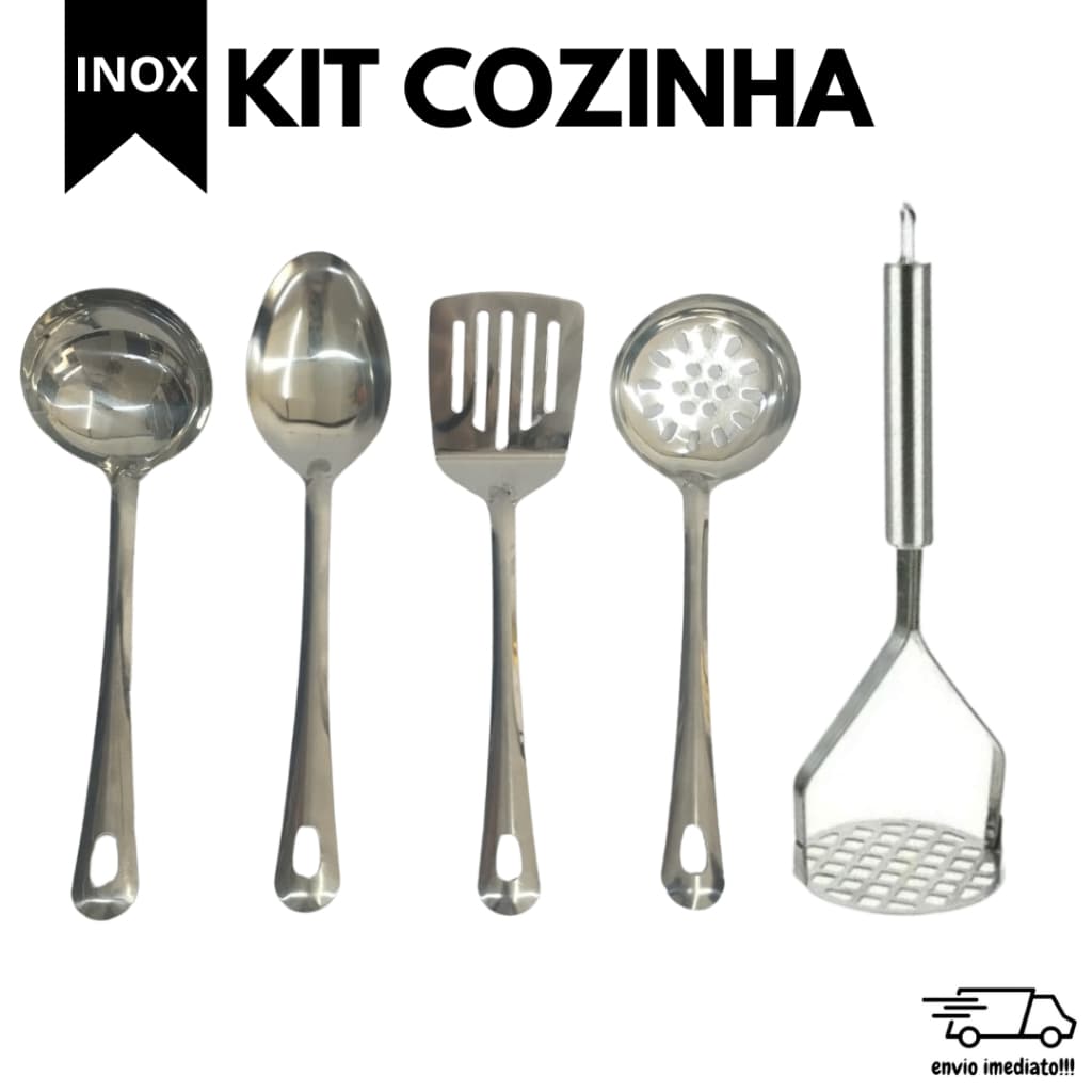 Kit 5 Utilidades INOX para Cozinha Espatula Escumadeira Colher de Arroz Concha Amassador Casa Louça