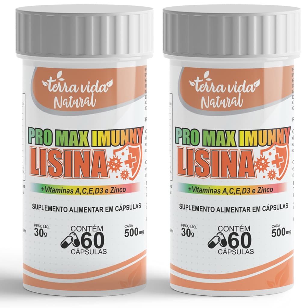 Oferta kit com 2 Lisina + Vitaminas C,A,E,D3 e Zinco de 500mg - Sistema Imunológico - Herpes