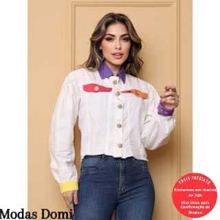 Modas Domi Jaqueta Jeans Branca Detalhes Coloridos Moderna 6254
