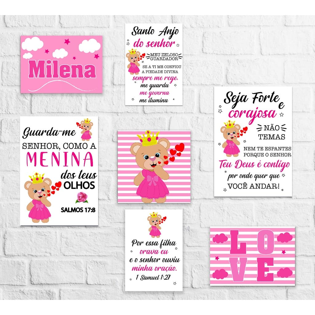 Kit 7  Quadros  Personalizado Menina Quarto Ursinha  Urso Baby Bebê Infantil Kids Guarda  me senhor