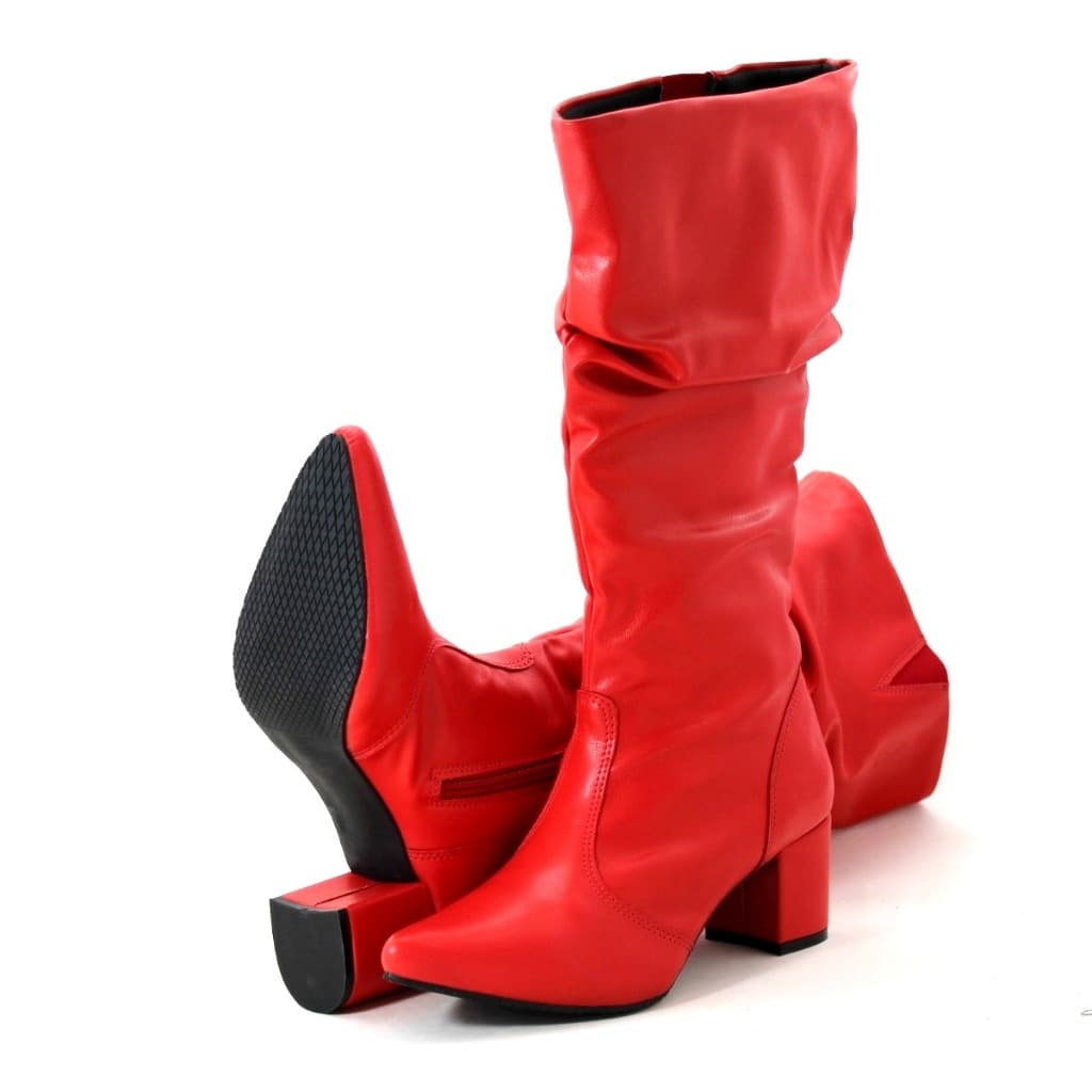 Botas Femininas Sloutchy Sanfonada Lirom Cano Alto Com Salto Bico Fino Vermelha