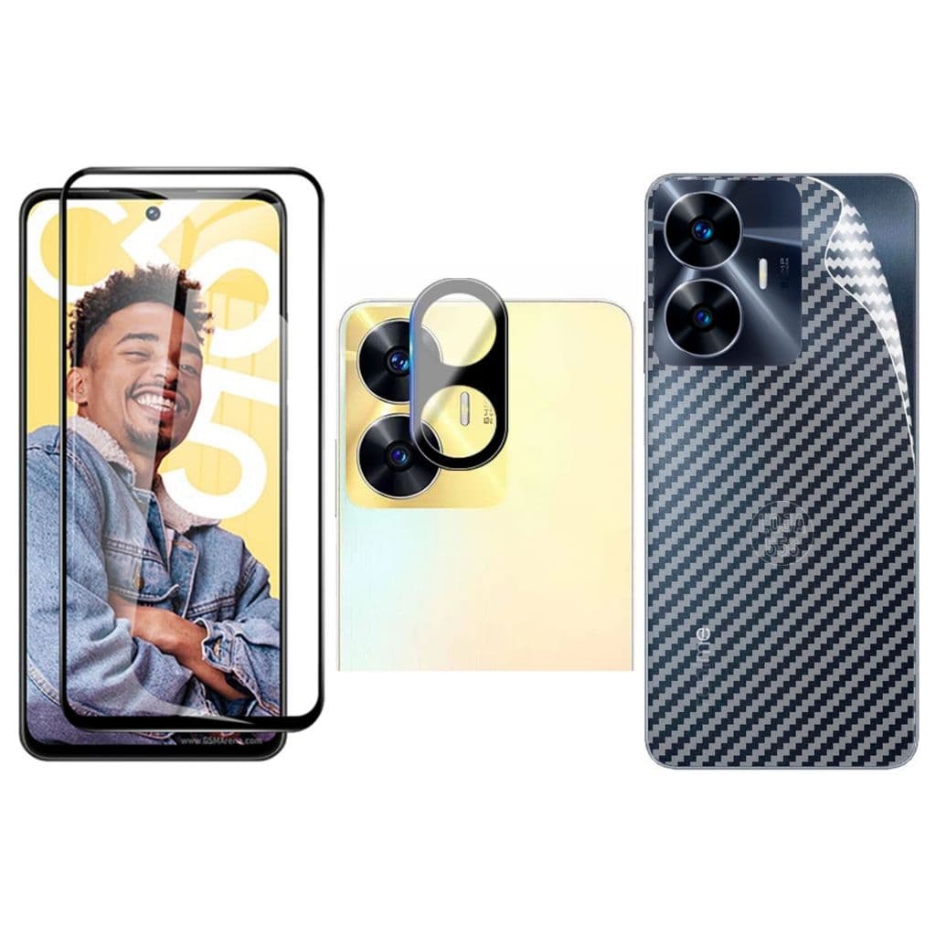 Película Vidro 3D + Película Câmera + Película Carbono Traseira Para Realme C55
