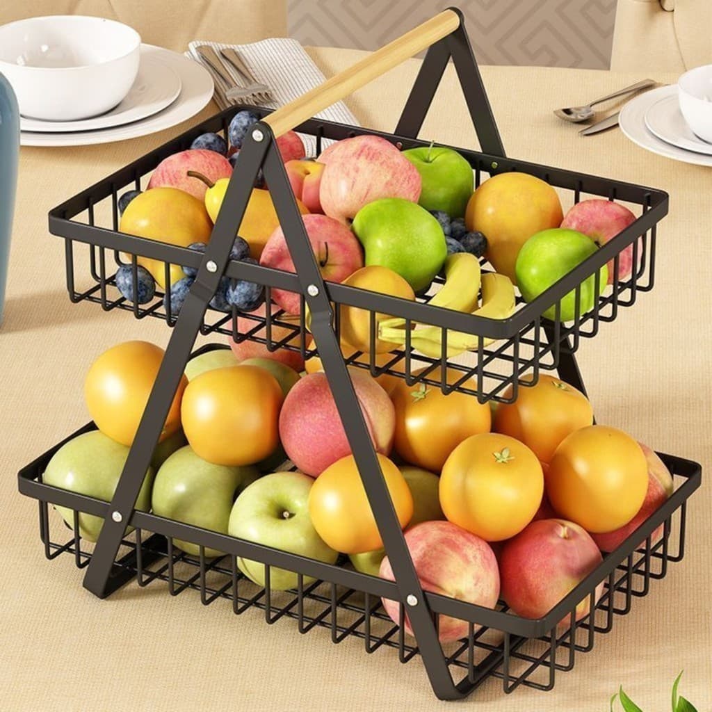 Cesto de Metal Para Frutas e Legumes, Armazenamento 2 camadas Multiuso