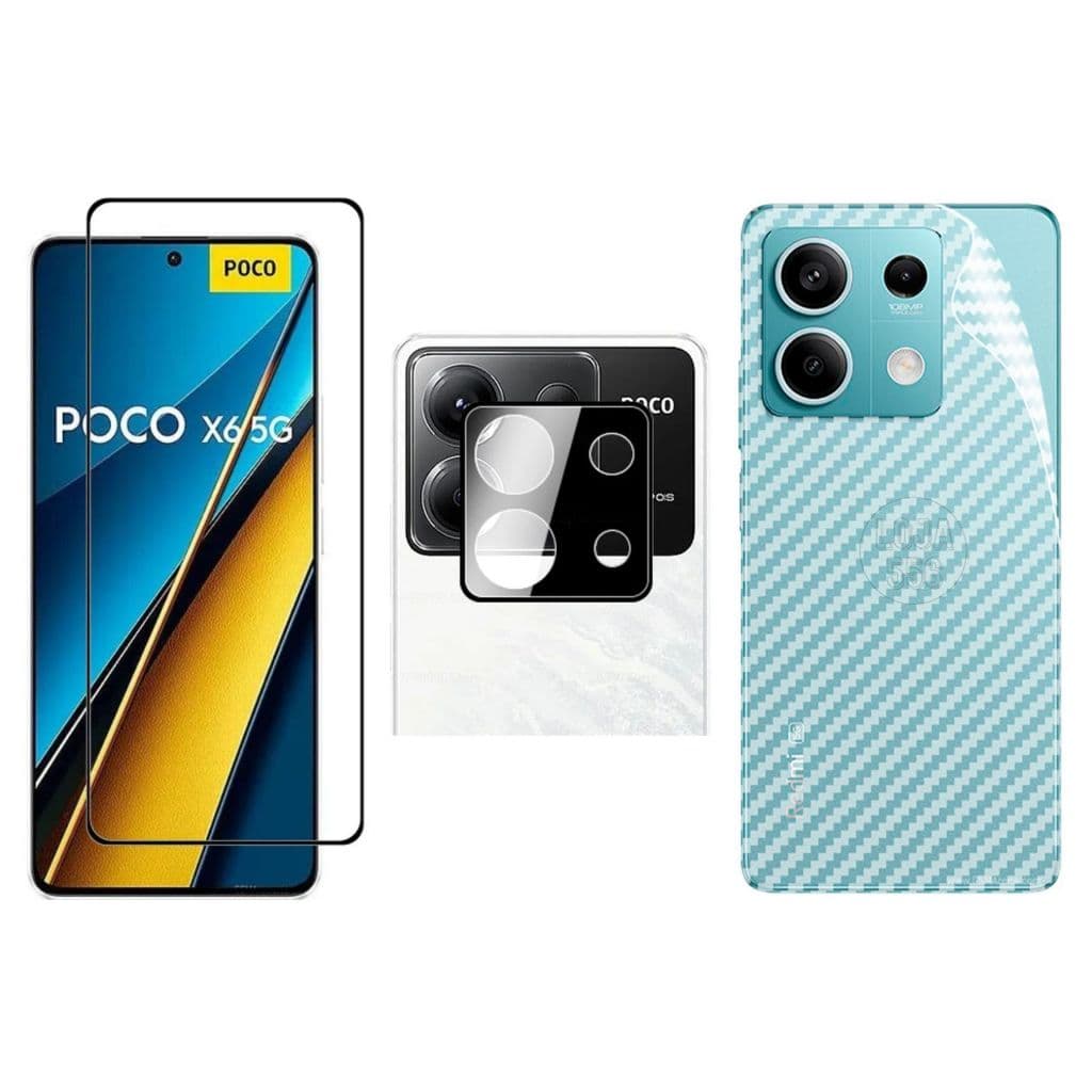 Película Vidro 3D + Película Câmera + Película Carbono Traseira Para Xiaomi Poco X6 5G