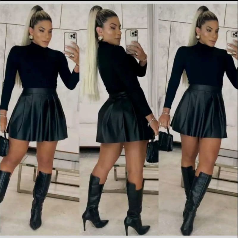 PROMOÇÃO SAIA FEMININA COURO FAKE CINTURA ALTA INVERO TENDÊNCIA MODA.