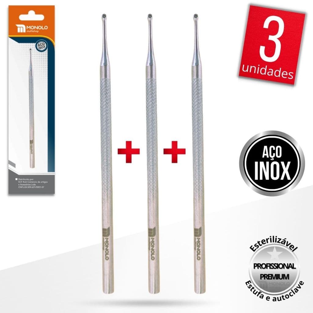 Kit 3 Bisturi Cureta Removedor Cutícula Unha Manicure Podologia ref 261 diabético Aço Inox Monolo