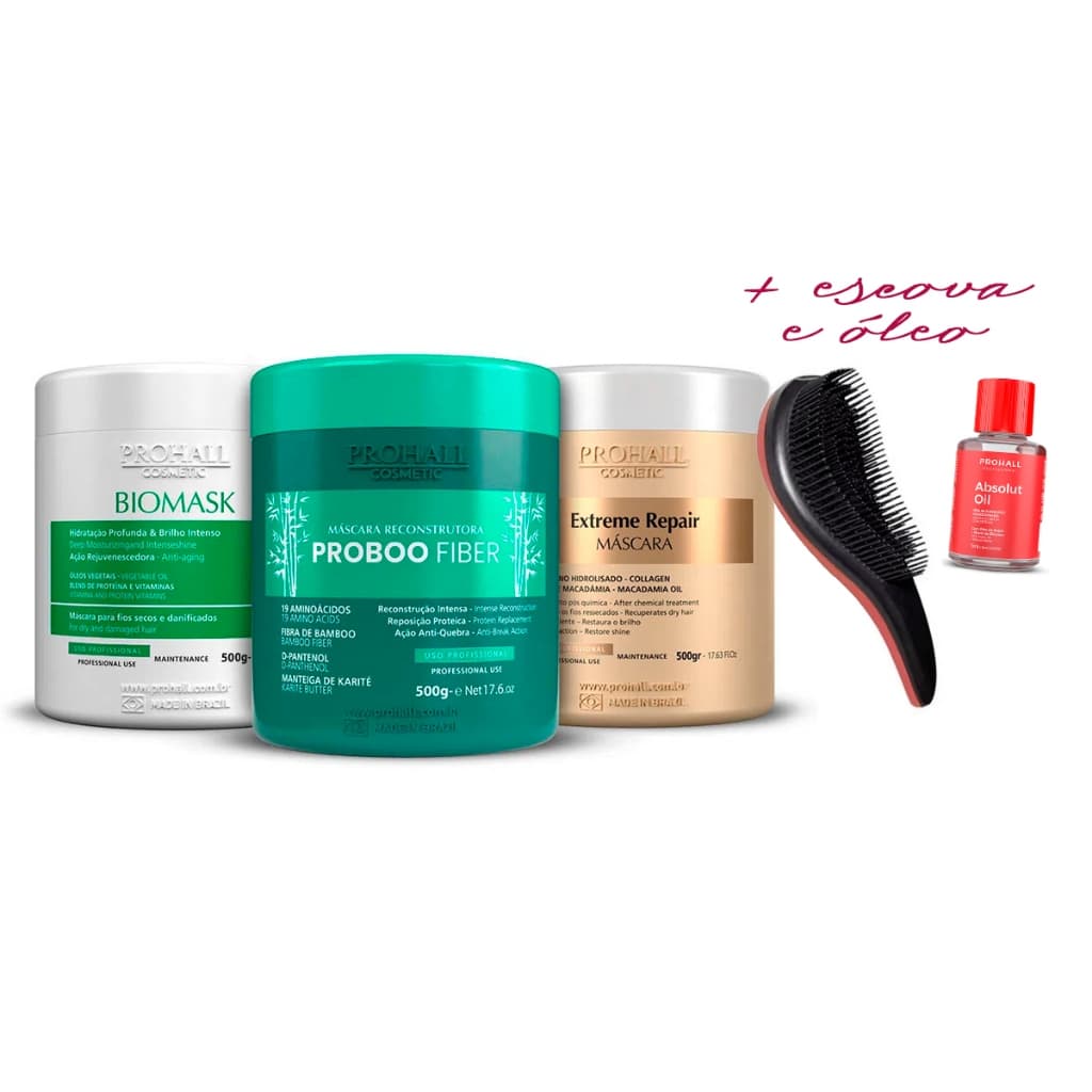 Kit Cronograma Capilar Profissional 500g Prohall - Biomask + Proboo Fiber + Extreme Repair + Escova/AbsolutOil7ml