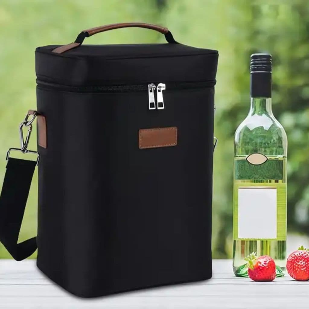 Bolsa de Vinho Wine Bag Termica Multiuso 2 Divisórias com Alça e Zíper Preta Poliéster e Algodão