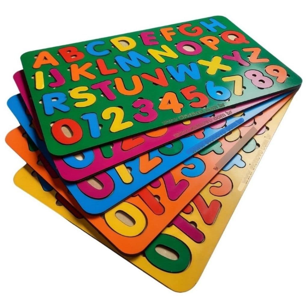 Tabuleiro alfabetos números pedagógico didático educativo madeira MDF colorido COGNITIVO MONTESSORI